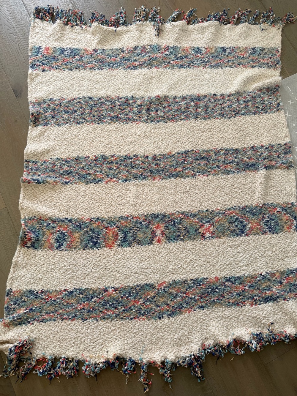 Anthropologie Cream Fringe Throw with Multicolor Blue, Pink & Orange Stripes